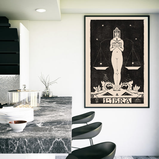 Art Nouveau Libra zodiac sign illustration by Henri van der Stok featuring a woman holding balanced scales and stars, framed and displayed in home decor