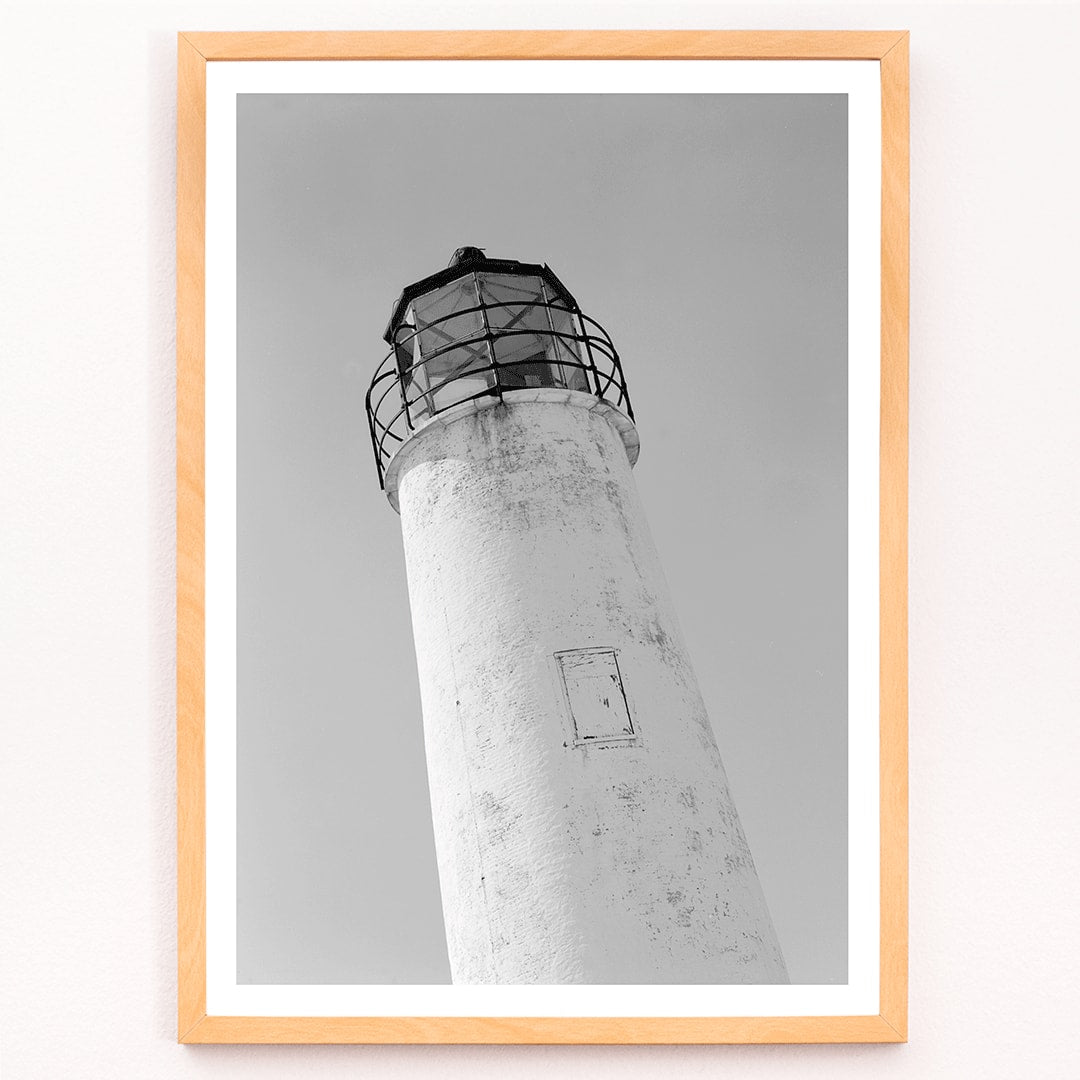 Cape Saint George Lighthouse in Apalachicola Franklin County FL black and white photo and poster titled Cape St George Lighthouse, framed and displayed in modern living room decor