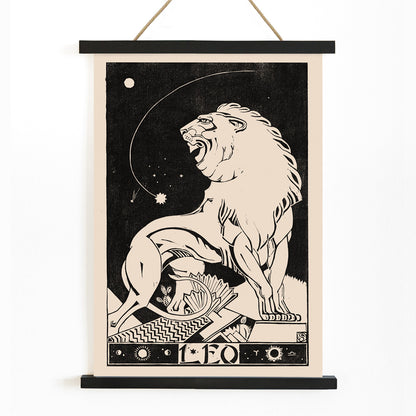 Art deco poster of a stylized roaring lion representing Leo zodiac sign by Henri van der Stok in black and white, with wooden magnetic frame on white background