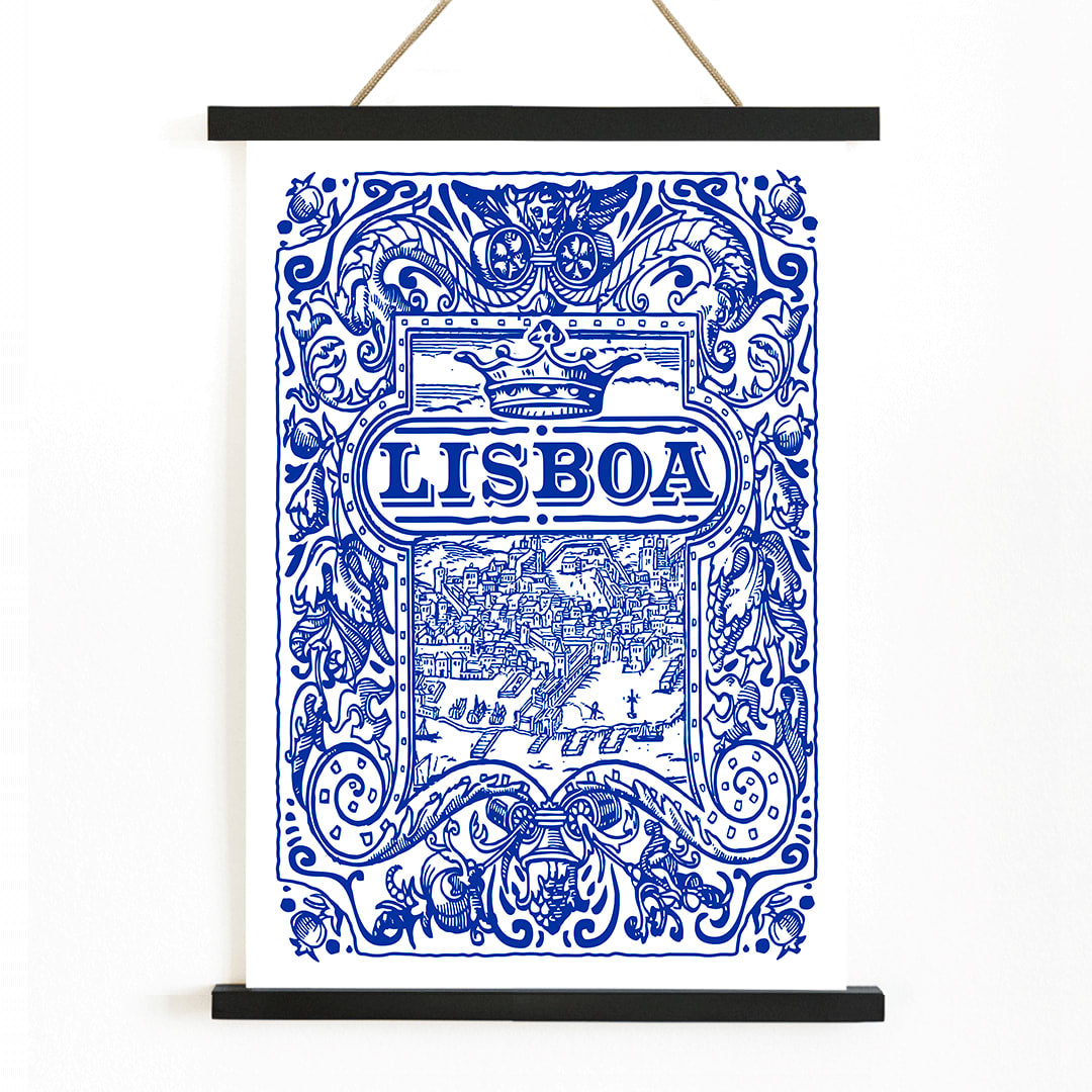 Artistic depiction and poster of Lisbon cityscape in blue and white azulejos with ornate designs titled Lisbon Azulejo Blue painted tile 2, with wooden magnetic frame on white background