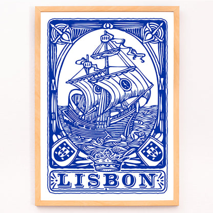 Blue painted azulejo tile artwork by Lisbon Azulejo featuring a ship and the word Lisbon Blue painted tile 1 poster, framed and displayed in modern living room decor