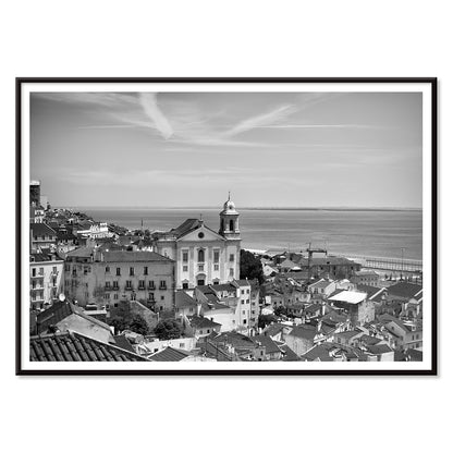 Lisbon Old City Landscape Black and White Picture 1 showing historic buildings rooftops and ocean view waterfront poster, with black aluminium frame on white background
