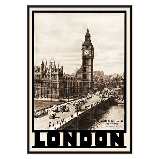Vintage view and poster of Houses of Parliament and Big Ben in London by Dixon Scott featuring iconic landmarks with sepia toned imagery, with black aluminium frame on white background