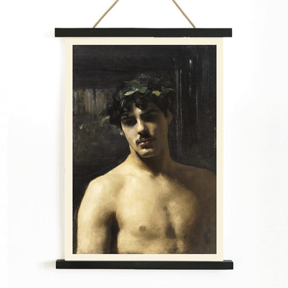 Man Wearing Laurels painting by John Singer Sargent poster featuring a shirtless man with a laurel wreath on his head, with wooden magnetic frame on white background
