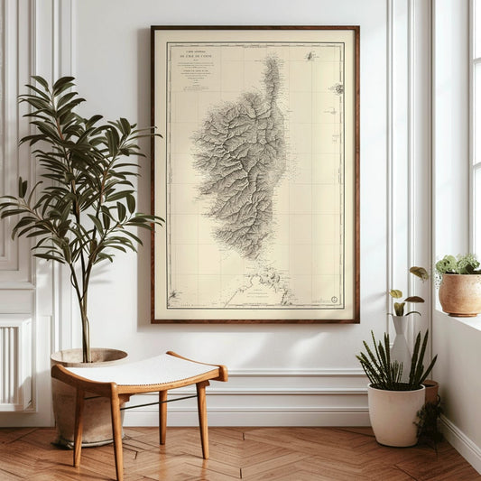 Antique map poster of Corsica Carte Generale De LIle De Corse by Depot General de la Marine detailed geographical wall art, framed and displayed in home decor