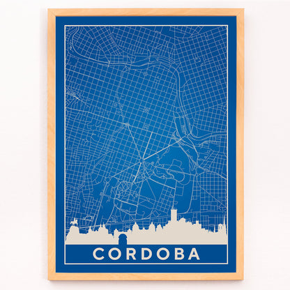 Cordoba Minimalist Map artwork and poster with blue and white grid design and city skyline silhouette, framed and displayed in modern living room decor