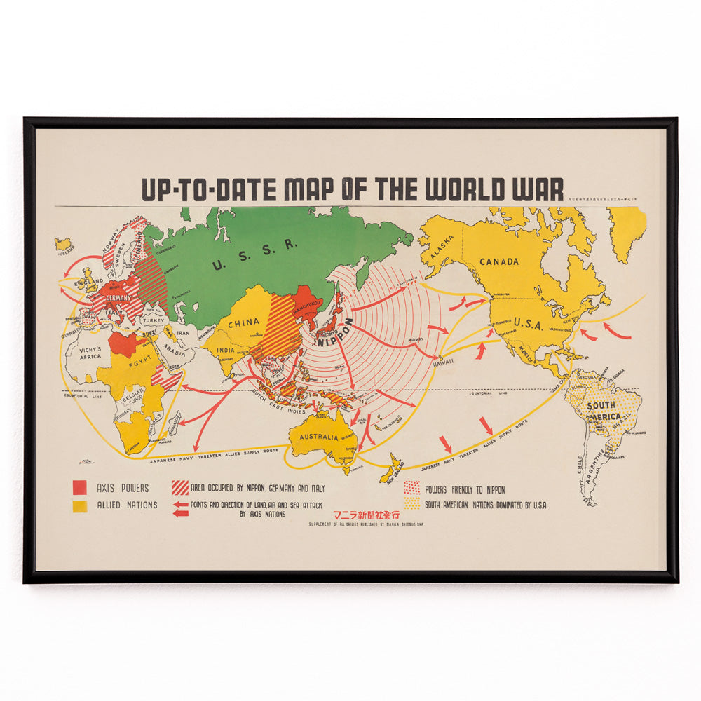Closeup detail of Colorful illustrated world war map showing Axis and Allied powers and marked war zones by Manila Shinbun-sha up-to-date map of the world war