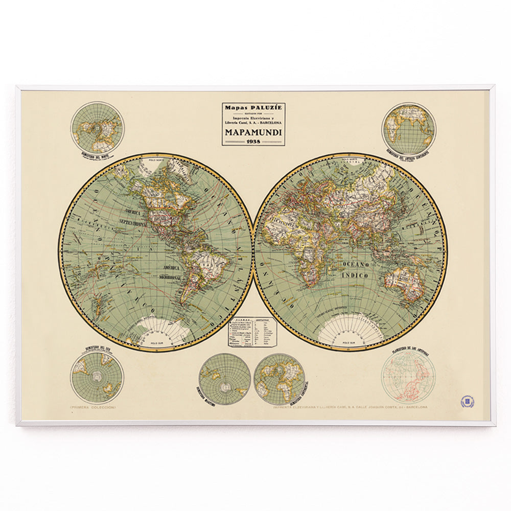 Closeup detail of Vintage world map Mapamundi 2 by Paluzie Lucena Josep with detailed continents and country borders illustration poster