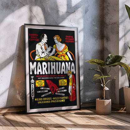 Marihuana movie poster with dramatic illustrations cautionary captions and text highlighting the dangers and consequences of marijuana use, framed and displayed in home decor