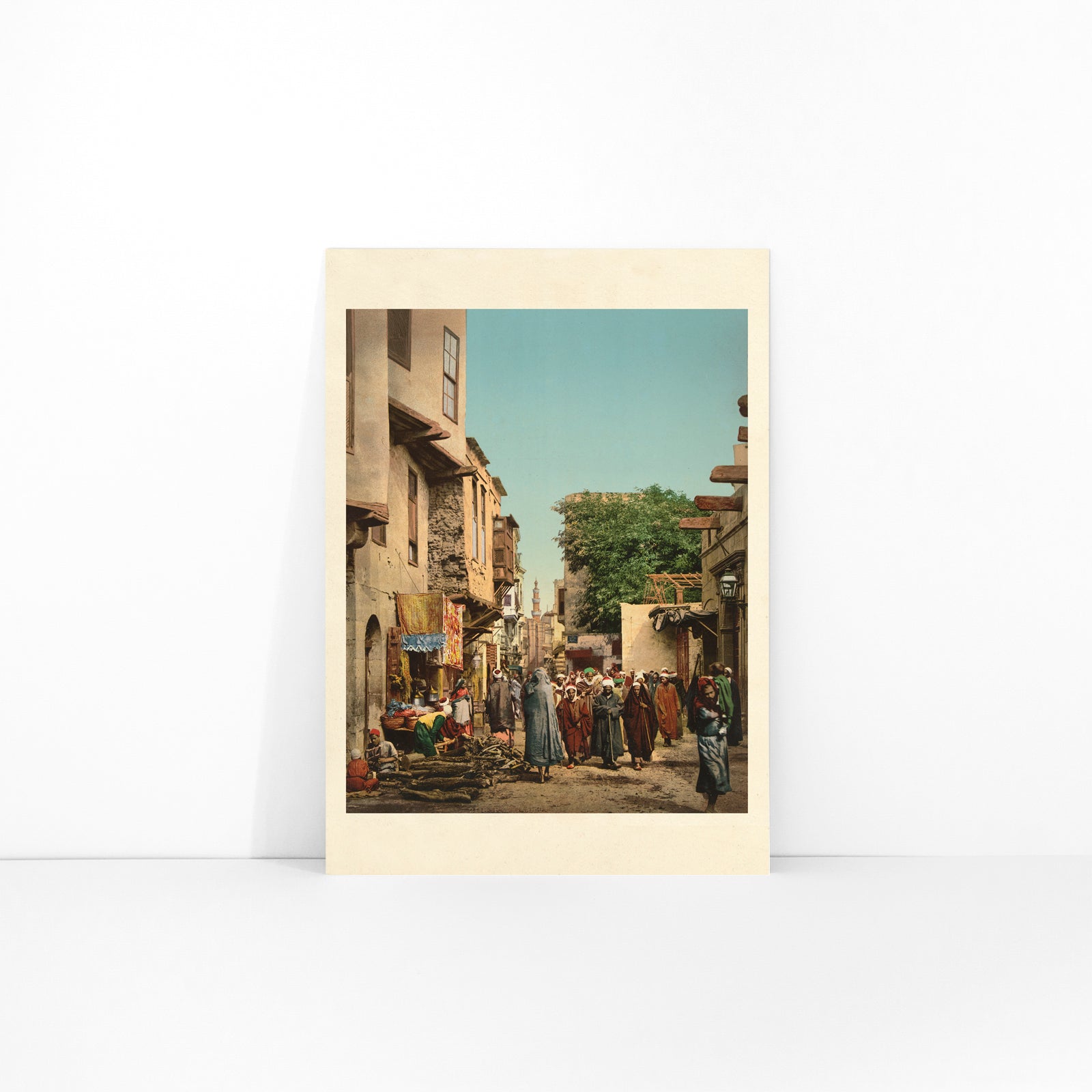 Street scene in North Africa vibrant market view busy street with people artwork by unknown artist poster, framed and displayed in modern living room decor