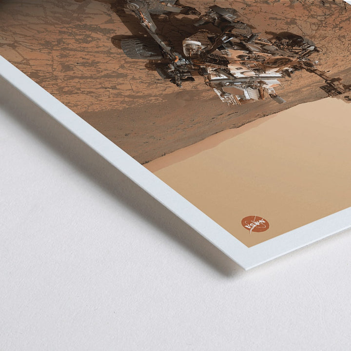 Closeup detail of Mars exploration rover by NASA on the Martian surface in the Rover on Mars poster with NASA logo in top right corner
