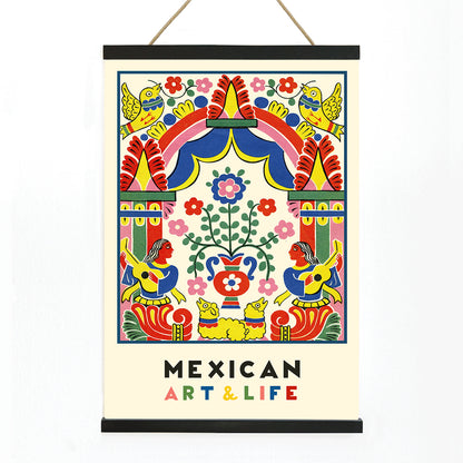 Colorful Mexican folk art illustration and poster featuring vibrant birds musicians flowers and patterns from Mexican Art and Life, with wooden magnetic frame on white background