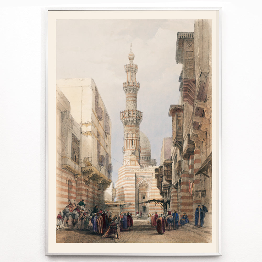 Closeup detail of Bullack Cairo cityscape illustration by David Roberts featuring people in traditional clothing and historic architecture