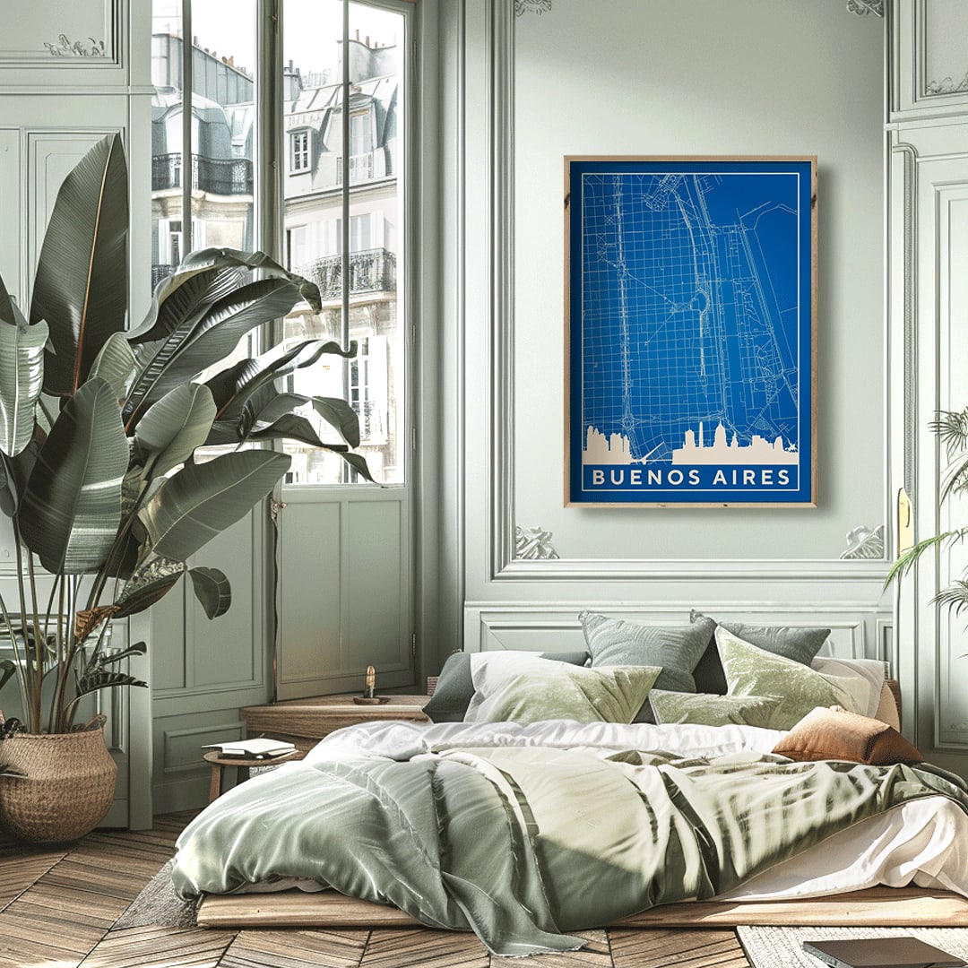 Minimalist Buenos Aires Map wall art poster featuring city streets and landmarks by Minimalist artist, framed and displayed in home decor