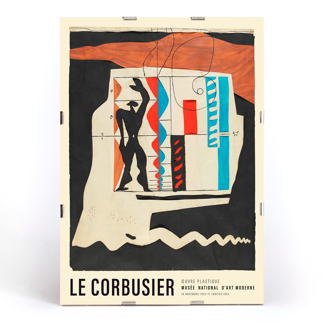 Abstract human figure and geometric shapes from Le Modulor by Le Corbusier poster wall decor, framed and displayed in modern living room decor