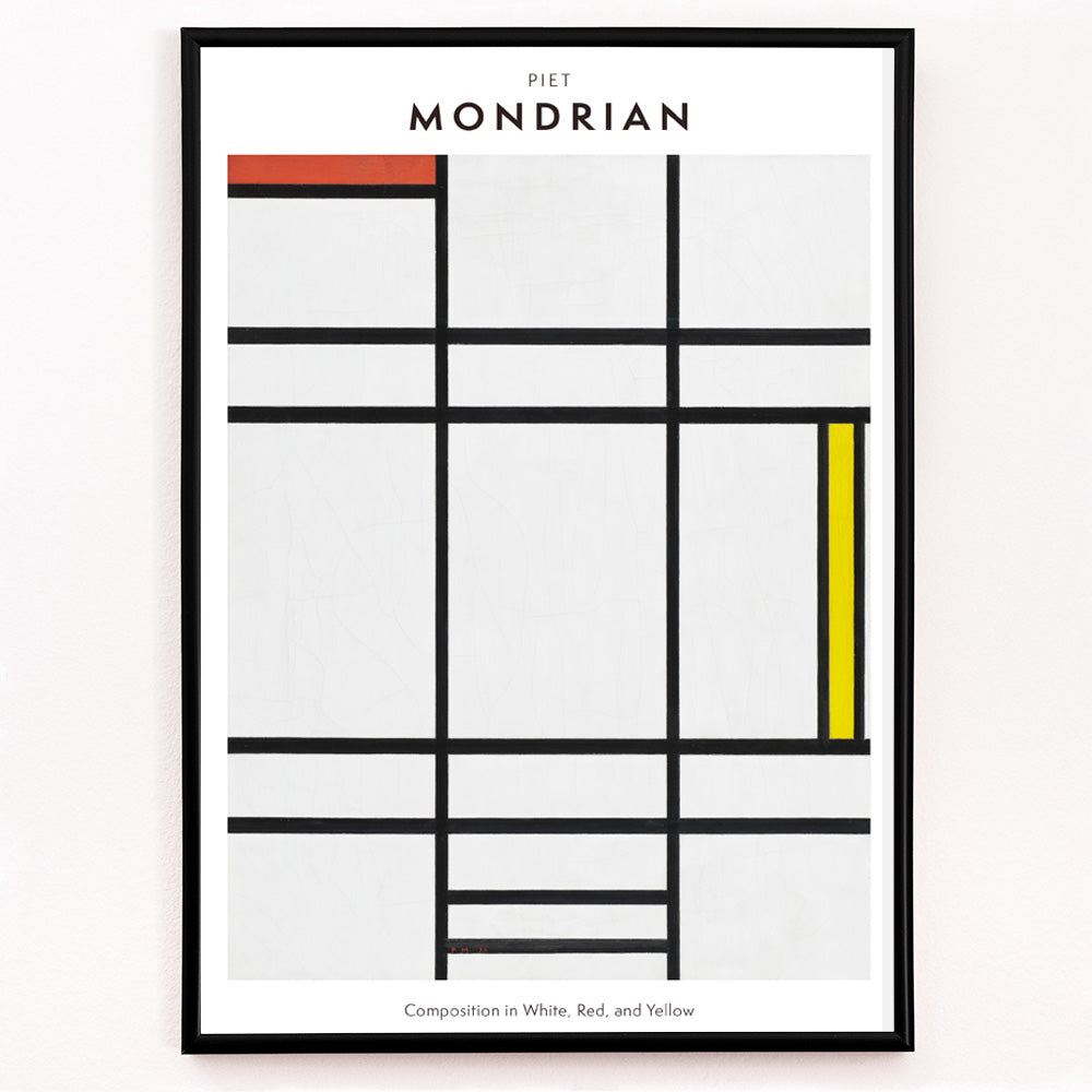 Closeup detail of Abstract geometric painting by Piet Mondrian featuring bold black lines geometric shapes and blocks of white red and yellow in Composition in White Red and Yellow poster