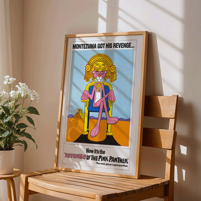 Pink Panther Montezuma themed artwork and poster titled Revenge of the Pink Panther featuring the Pink Panther sitting on a throne, framed and displayed in home decor