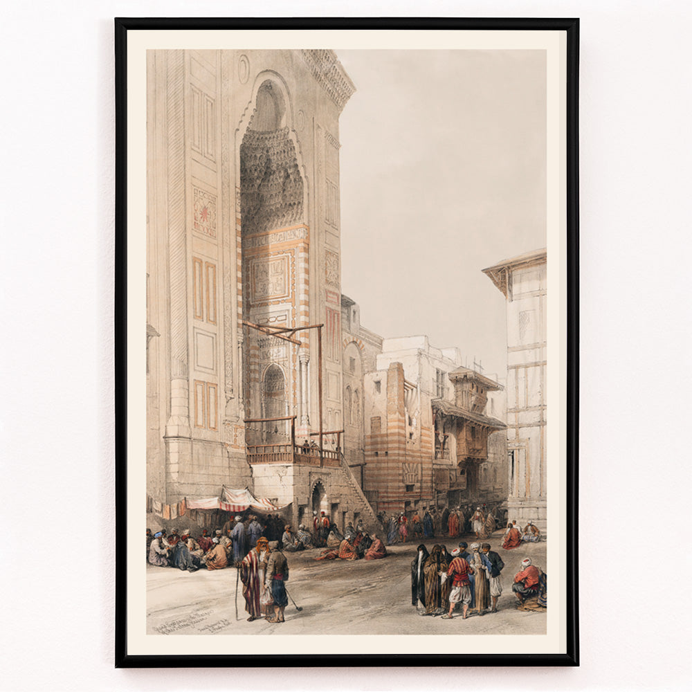 Closeup detail of People gathered outside the grand entrance to the Mosque of the Sultan Hassan artwork and poster by David Roberts