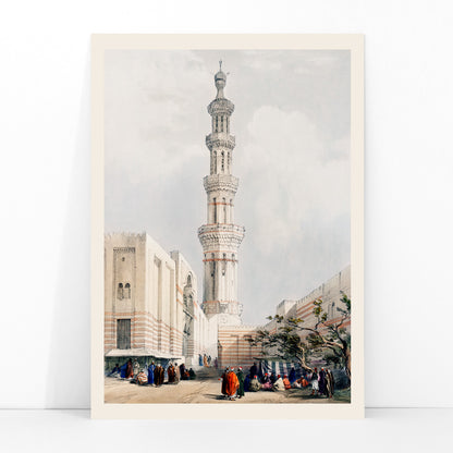 People gathered outside ornate minaret mosque in Cairo detailed illustration by David Roberts, framed and displayed in modern living room decor