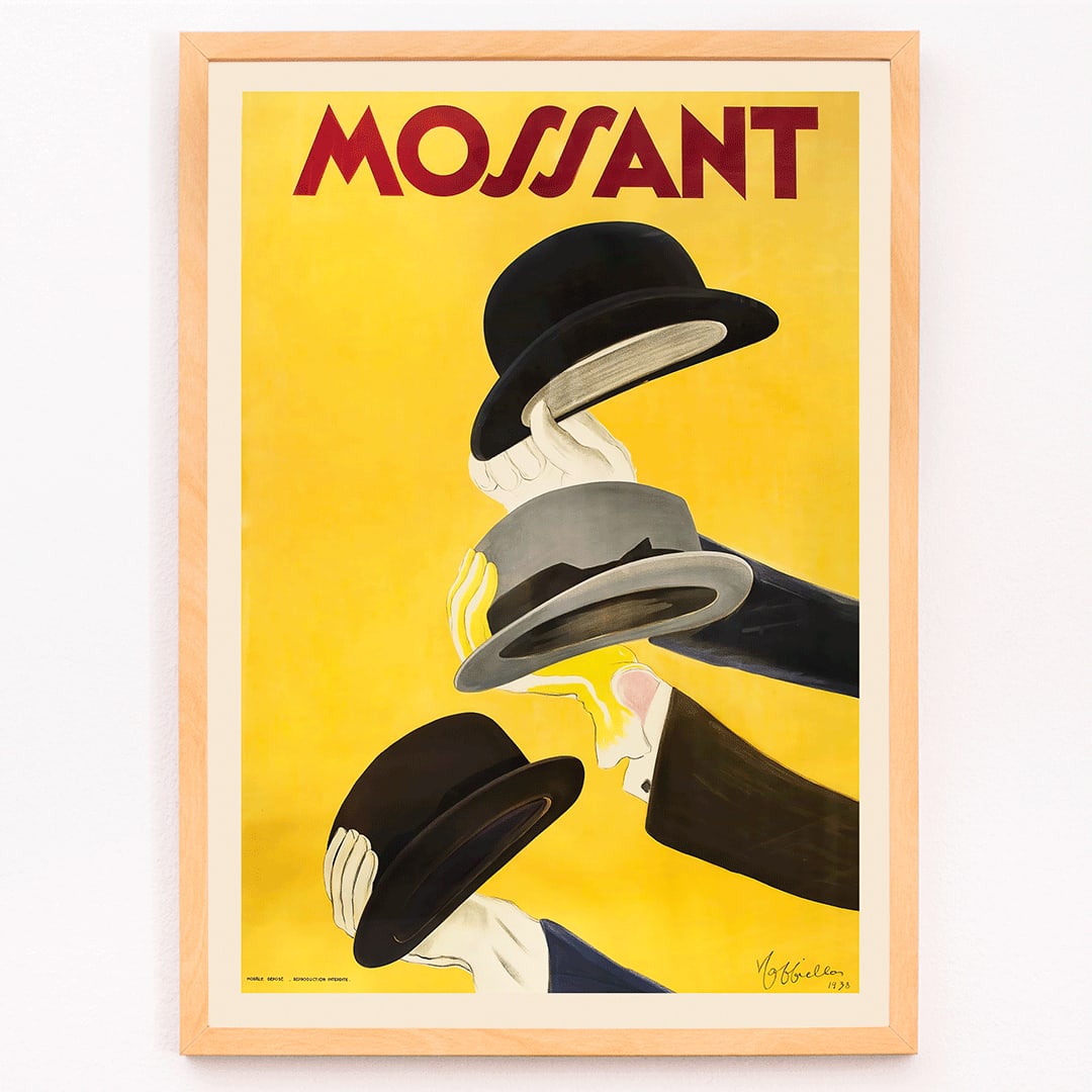 Vibrant poster by Leonetto Cappiello featuring three hands holding hats with yellow background and Mossant text, framed and displayed in modern living room decor