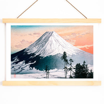 Colorful landscape and snowy mountain with trees at sunrise Katsuyama Neighborhood artwork by Hiroaki Takahashi, with wooden magnetic frame on white background