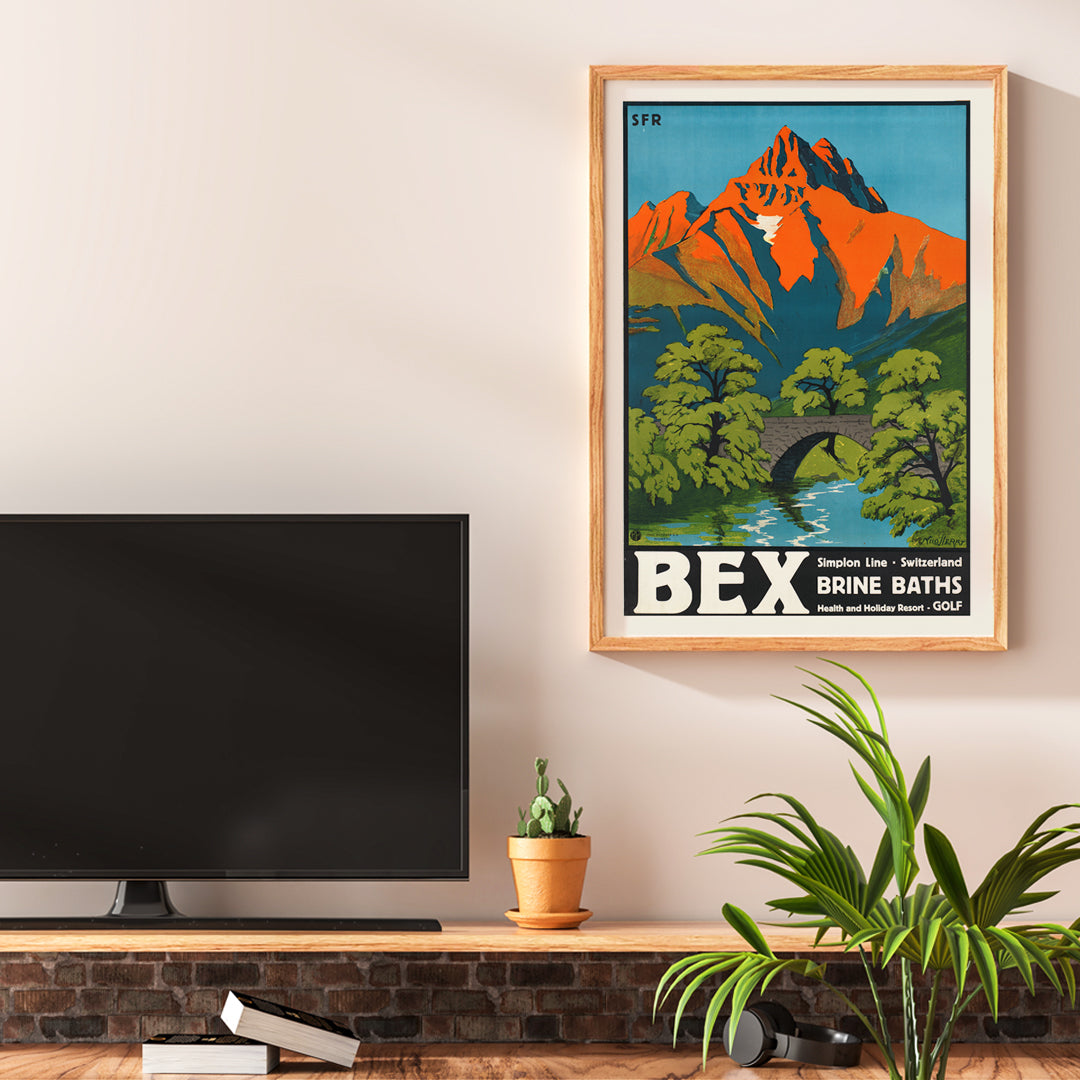 Colorful vintage Swiss mountain landscape with stone bridge and river artwork Bex Brine Baths by Aime Felix Nicollerat, framed and displayed in home decor