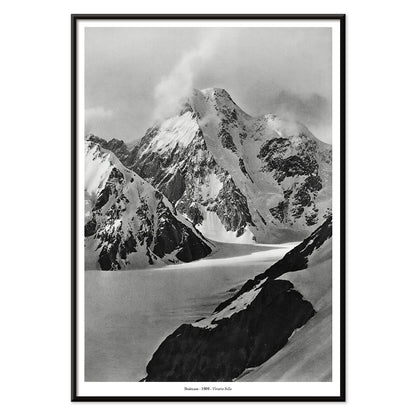 Snow covered mountain landscape by Vittorio Sella Staircase vue prise au dessus du glacier Godwin Austen poster artwork, with black aluminium frame on white background