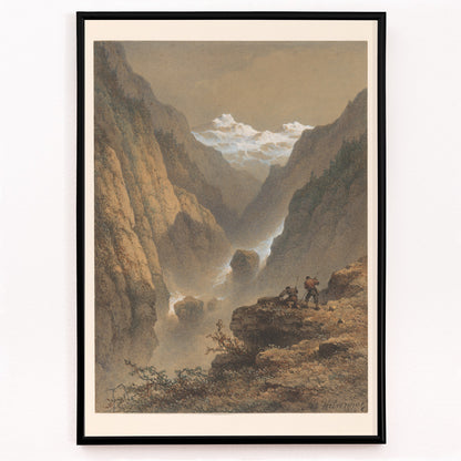 Closeup detail of Two men hiking in dramatic mountain landscape poster by Johannes Hilverdink showing two guys in rocky mountains artwork
