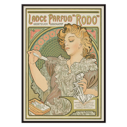Alphonse Mucha Lance parfum Rodo poster Art Nouveau woman with flowing hair floral border soft green gold tones, with black aluminium frame on white background