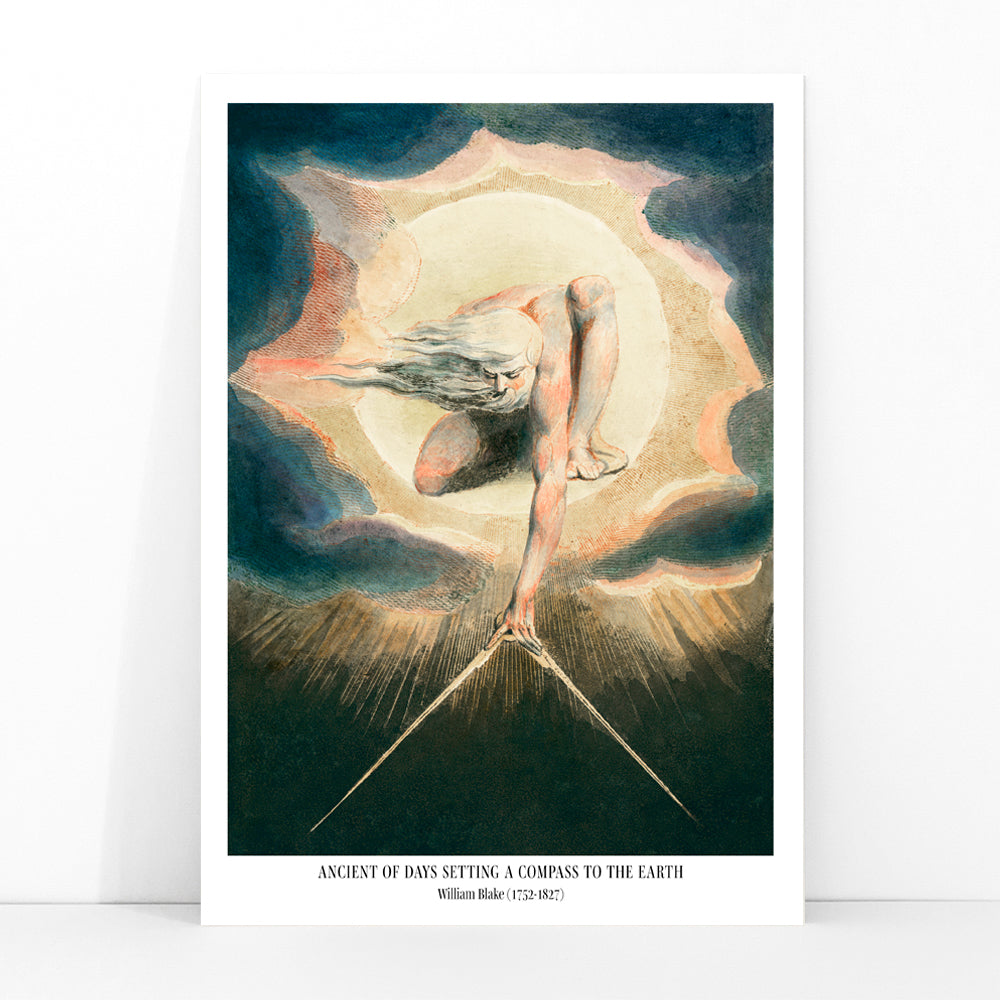 Mystical figure with flowing hair setting a compass to the earth in Ancient of Days by William Blake poster, framed and displayed in modern living room decor