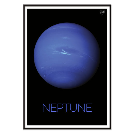 NASA poster of Neptune showing a detailed blue planet against a black background with the title Neptune at the bottom, with black aluminium frame on white background