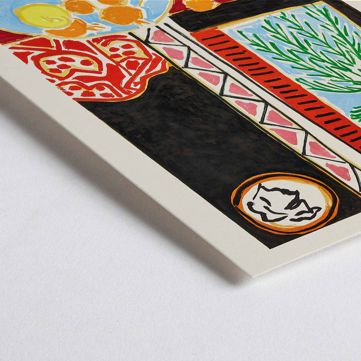 Closeup detail of Henri Matisse Nice Travail et Joie poster with palm fronds, fruit on a blue plate, and bold red and black shapes