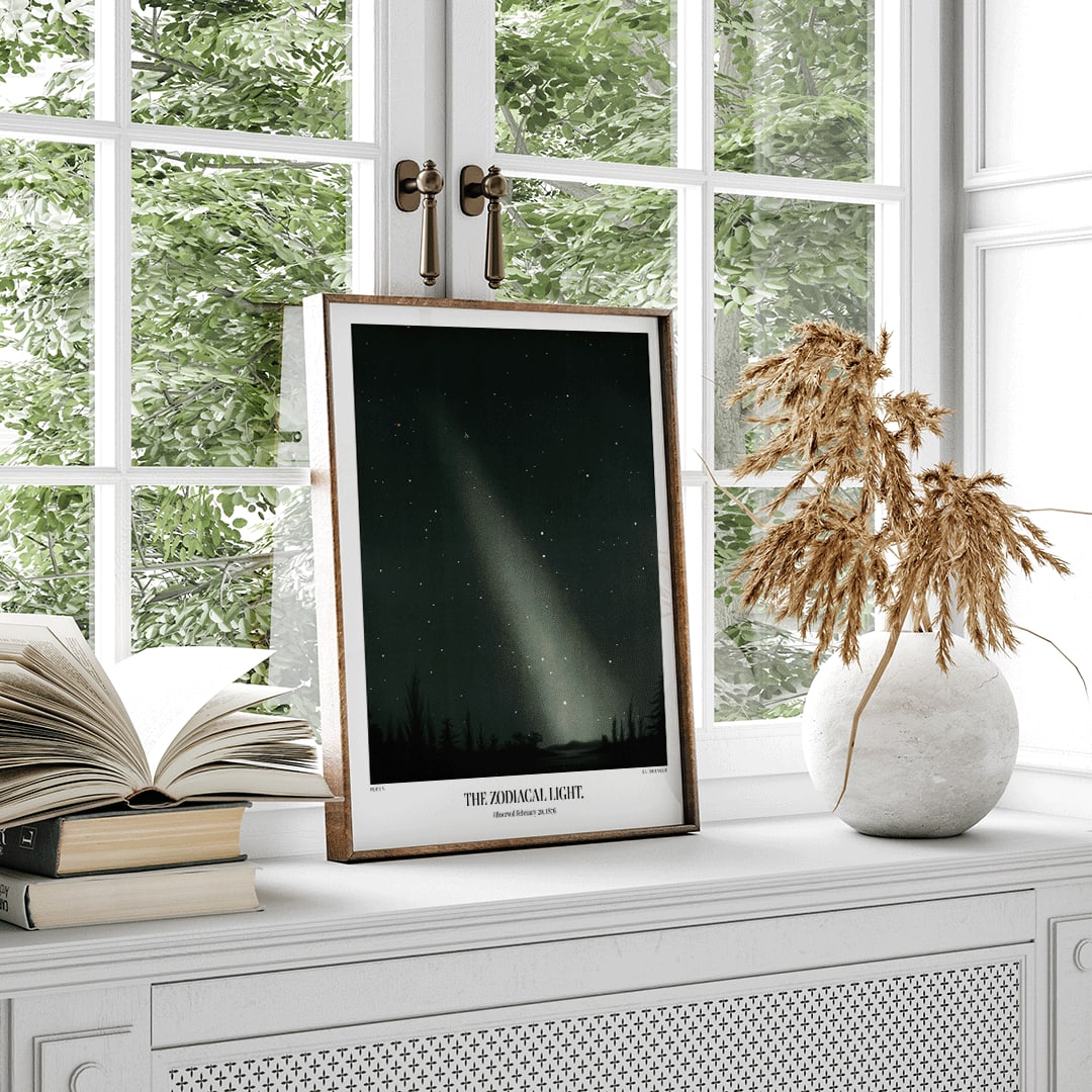 Night sky with zodiacal light and stars by E L Trouvelot poster featuring luminous band and silhouetted trees, framed and displayed in home decor