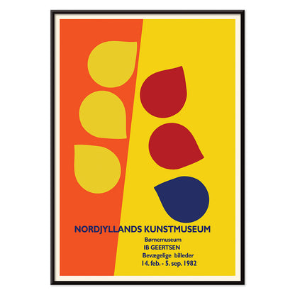 Exhibition poster by Ib Geertsen with colorful geometric shapes in yellow red and blue on an orange and yellow background, with black aluminium frame on white background