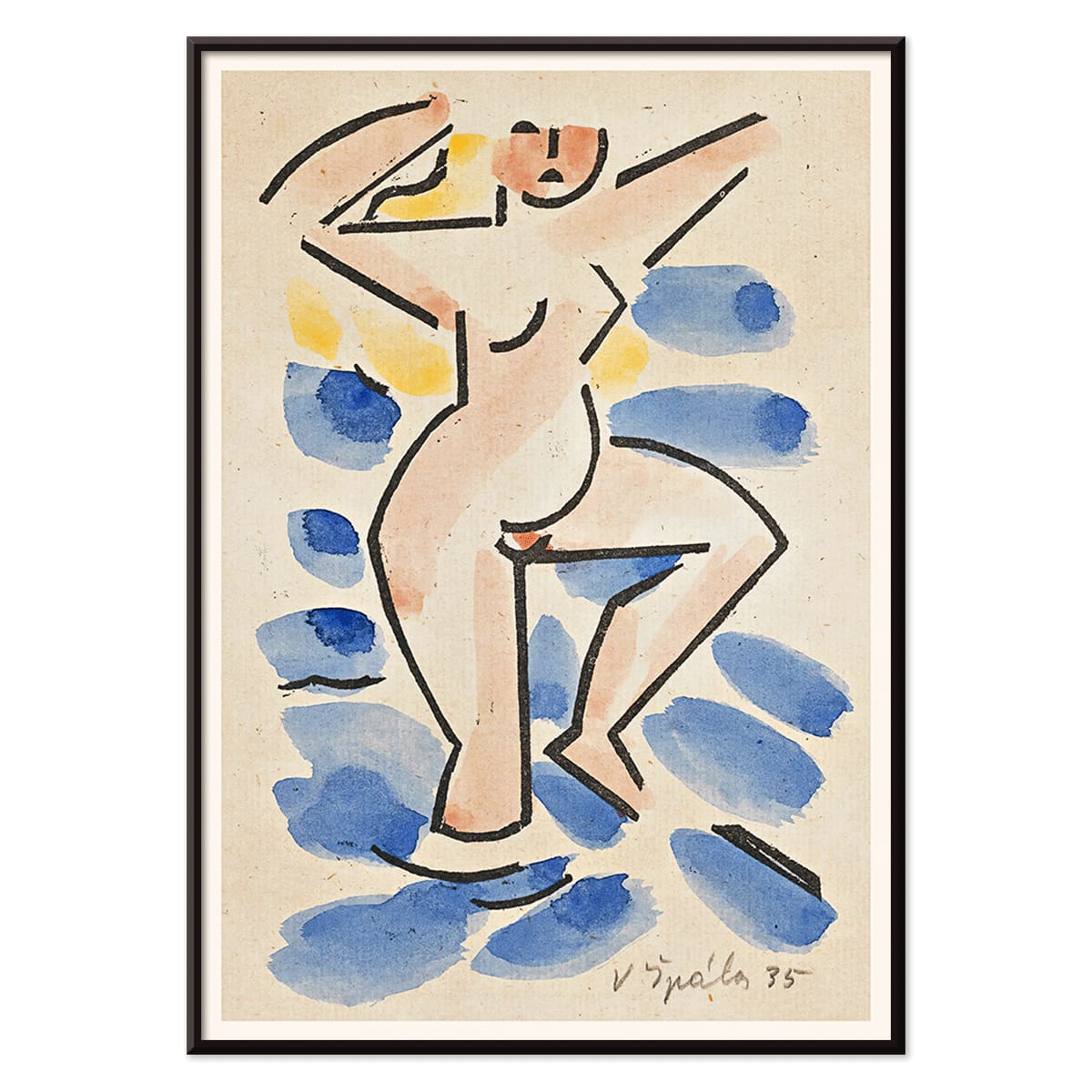 Colorful abstract watercolor painting and poster of a nude figure in blues and pinks titled Nude by Vaclav Spala, with black aluminium frame on white background