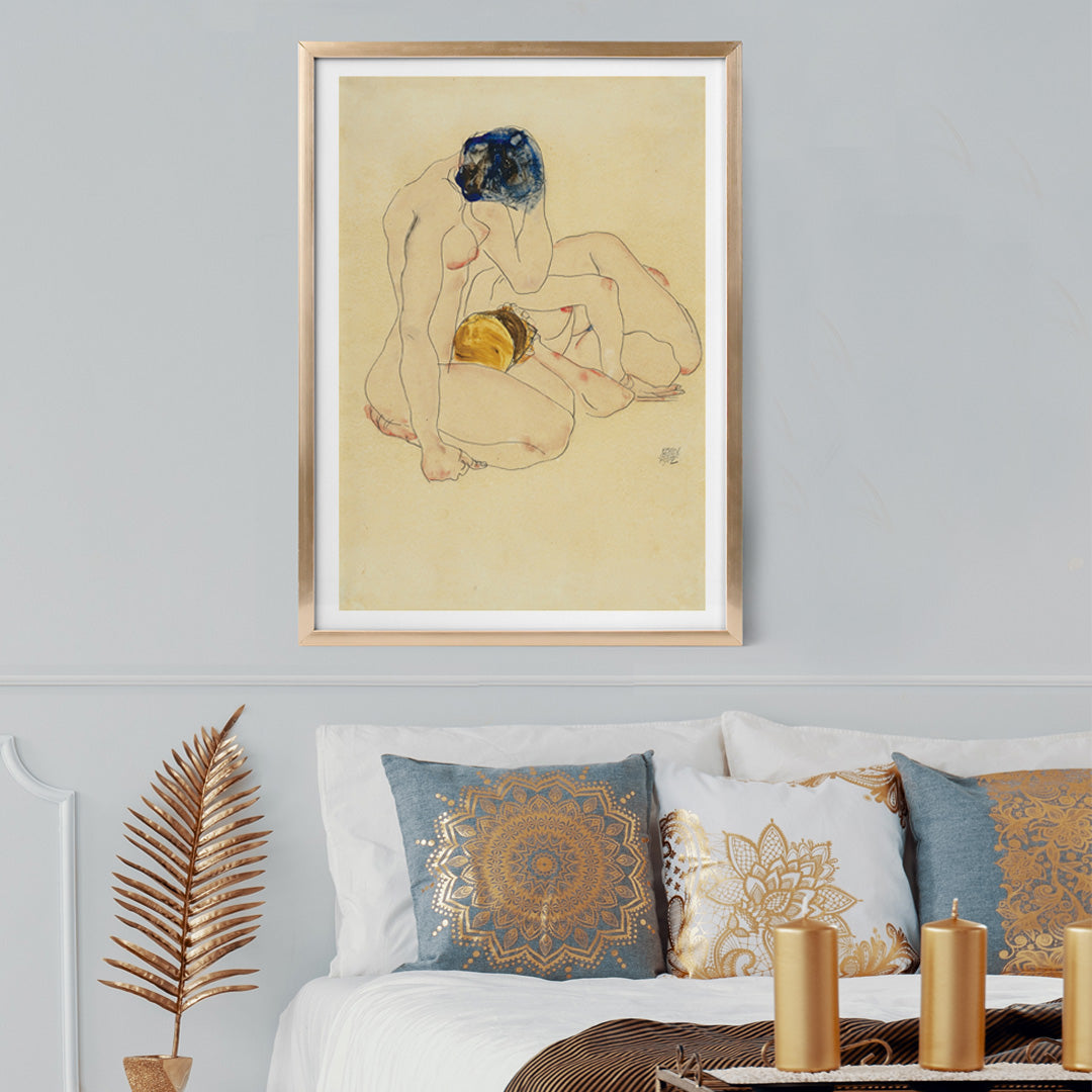 Two Friends by Egon Schiele poster featuring two nude figures in an intimate seated pose with expressive linework artwork, framed and displayed in home decor