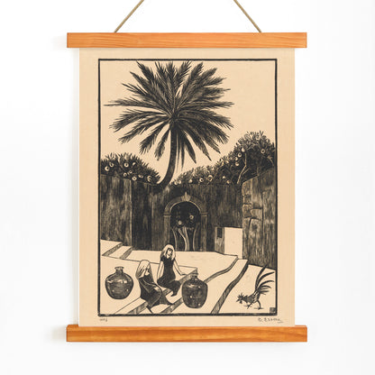 Street with steps in Taormina Sicily featuring palm tree two women with jugs and figures outdoor scene artwork by Bernard Essers, with wooden magnetic frame on white background