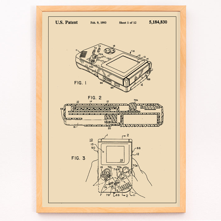 Closeup detail of Gameboy Patent technical drawing and poster artwork by Nintendo ideal for gaming decor and collectors