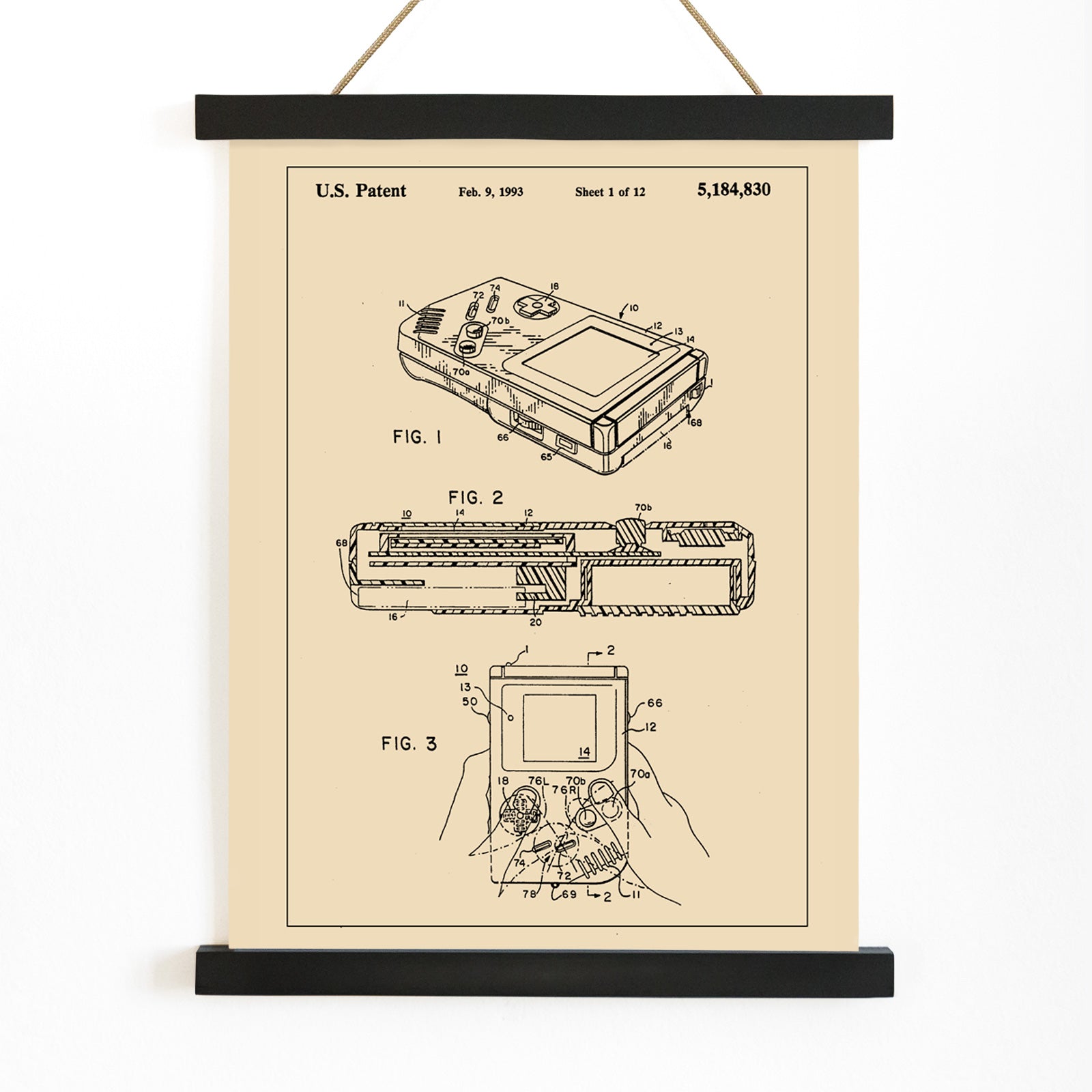 Gameboy Patent technical drawing and poster artwork by Nintendo ideal for gaming decor and collectors, with wooden magnetic frame on white background
