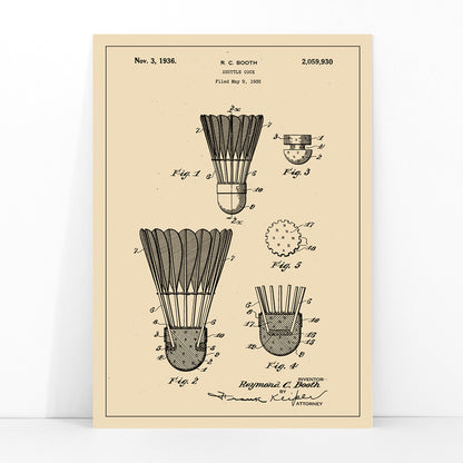 Shuttle Cock patent illustration and poster by R C Booth featuring detailed technical badminton shuttlecock diagrams and artwork, framed and displayed in modern living room decor