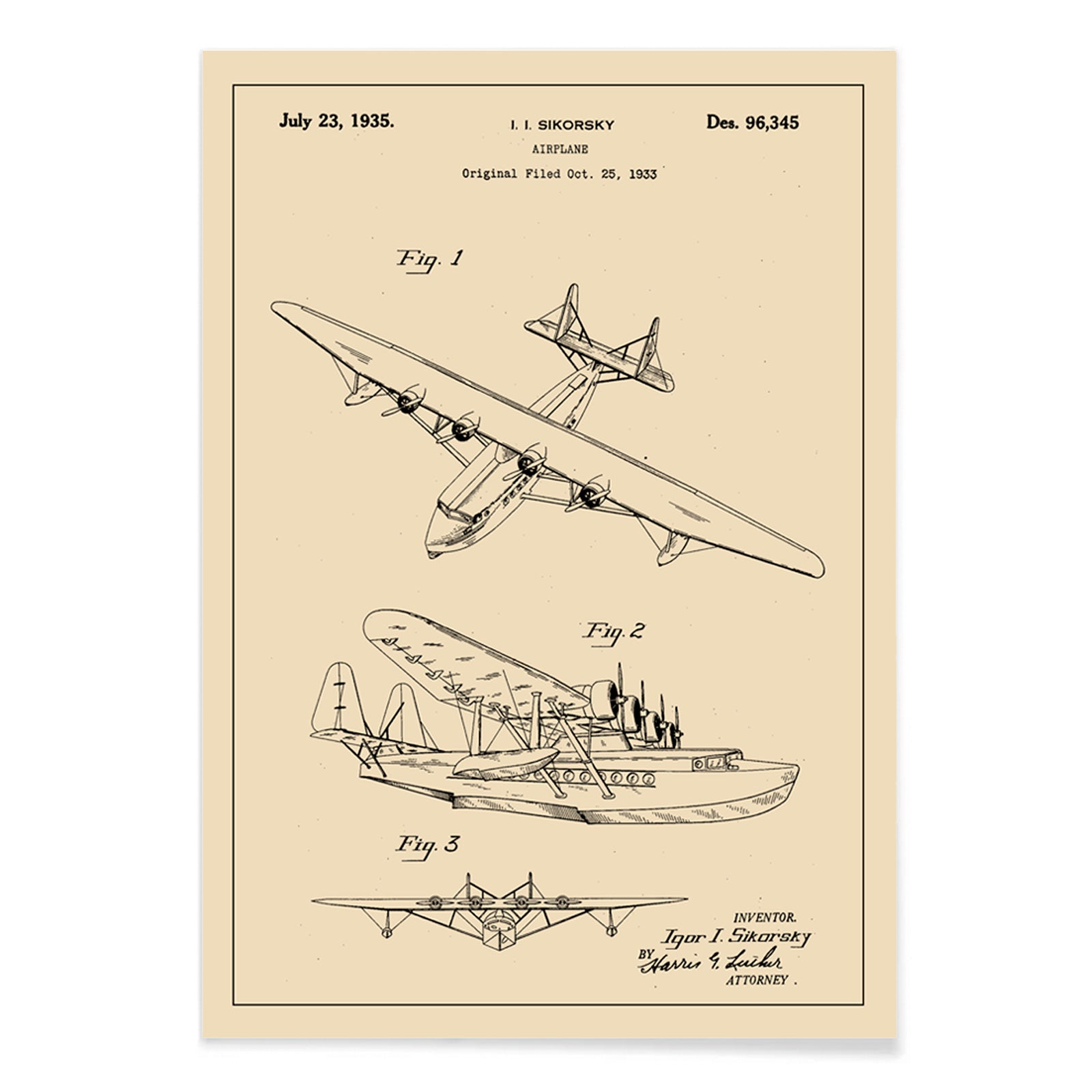 Detailed technical drawing and poster of a seaplane airplane patent by Igor I Sikorsky featuring multiple views and aircraft design sketches, with black aluminium frame on white background