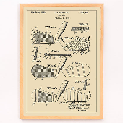 Golf club patent illustration by GE Barnhart showing detailed diagrams and labeled parts, framed and displayed in modern living room decor