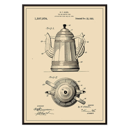 Patent illustration and technical drawing poster of tea or coffee pot by B F Olsen with detailed views and patent information, with black aluminium frame on white background