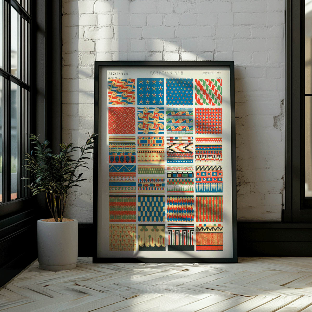Vibrant Egyptian patterns by Owen Jones from Century Grammar of Ornament featuring artwork Egyptian 8 decorative poster, framed and displayed in modern living room decor