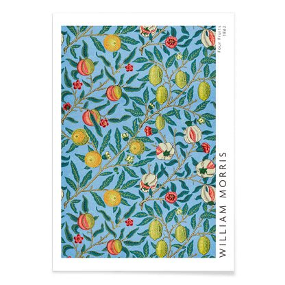 Colorful botanical wallpaper and poster featuring fruits and leaves from Four Fruits pattern by William Morris on blue background for wall decor, with black aluminium frame on white background