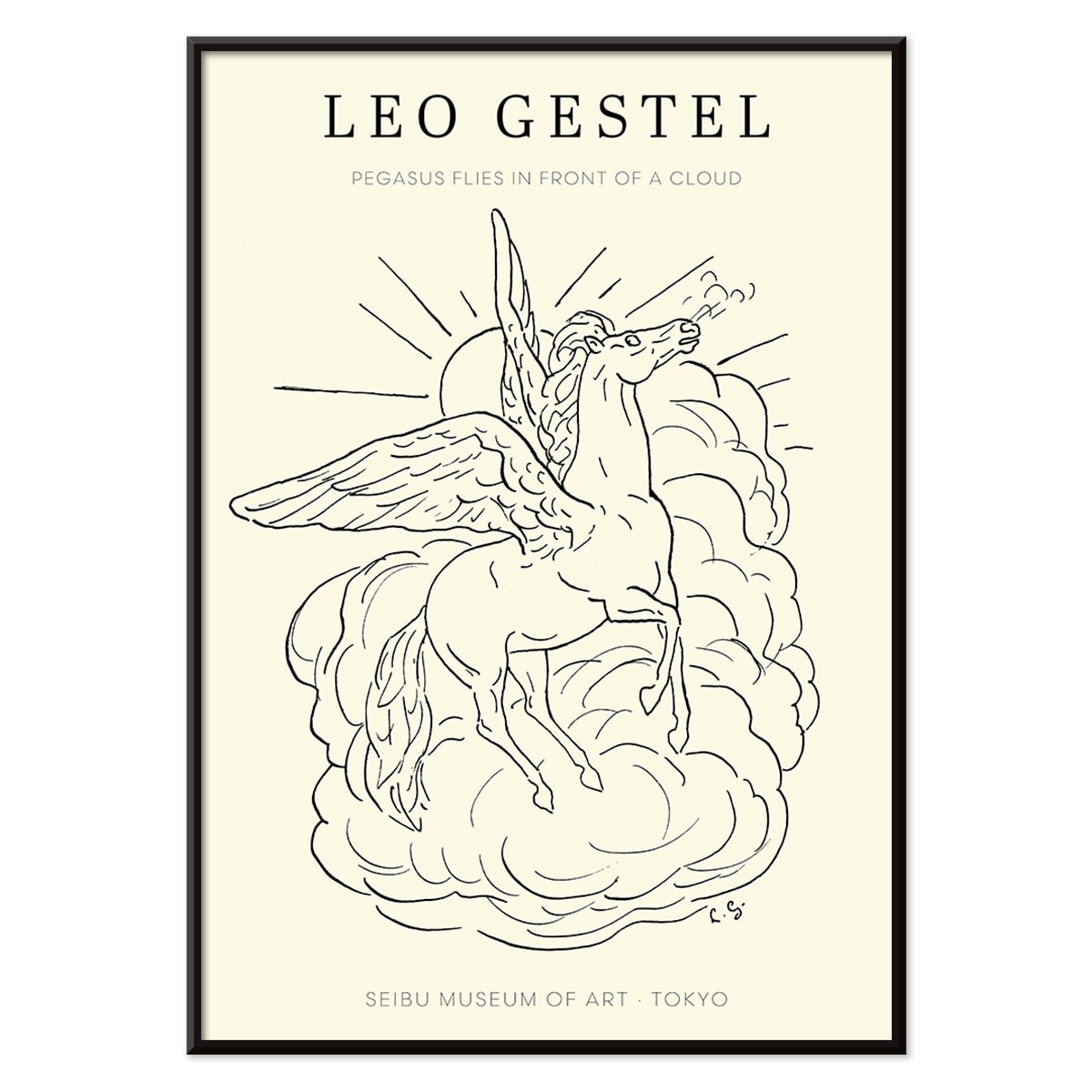 Pegasus flying in front of clouds line drawing illustration by Leo Gestel poster, with black aluminium frame on white background