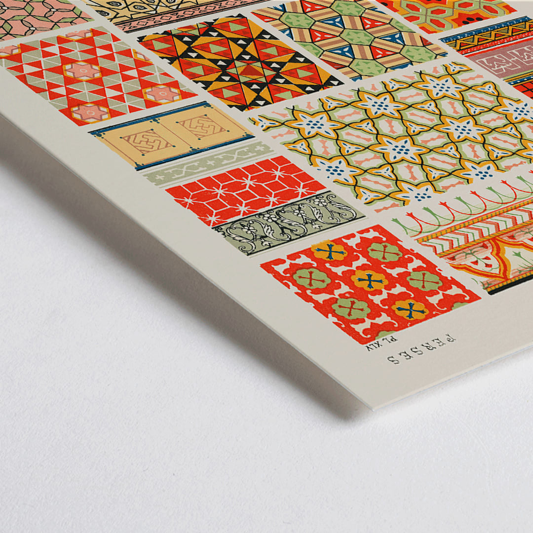 Closeup detail of Poster of Persian 2 vintage pattern from Grammar of Ornament by Owen Jones with intricate and colorful geometric designs