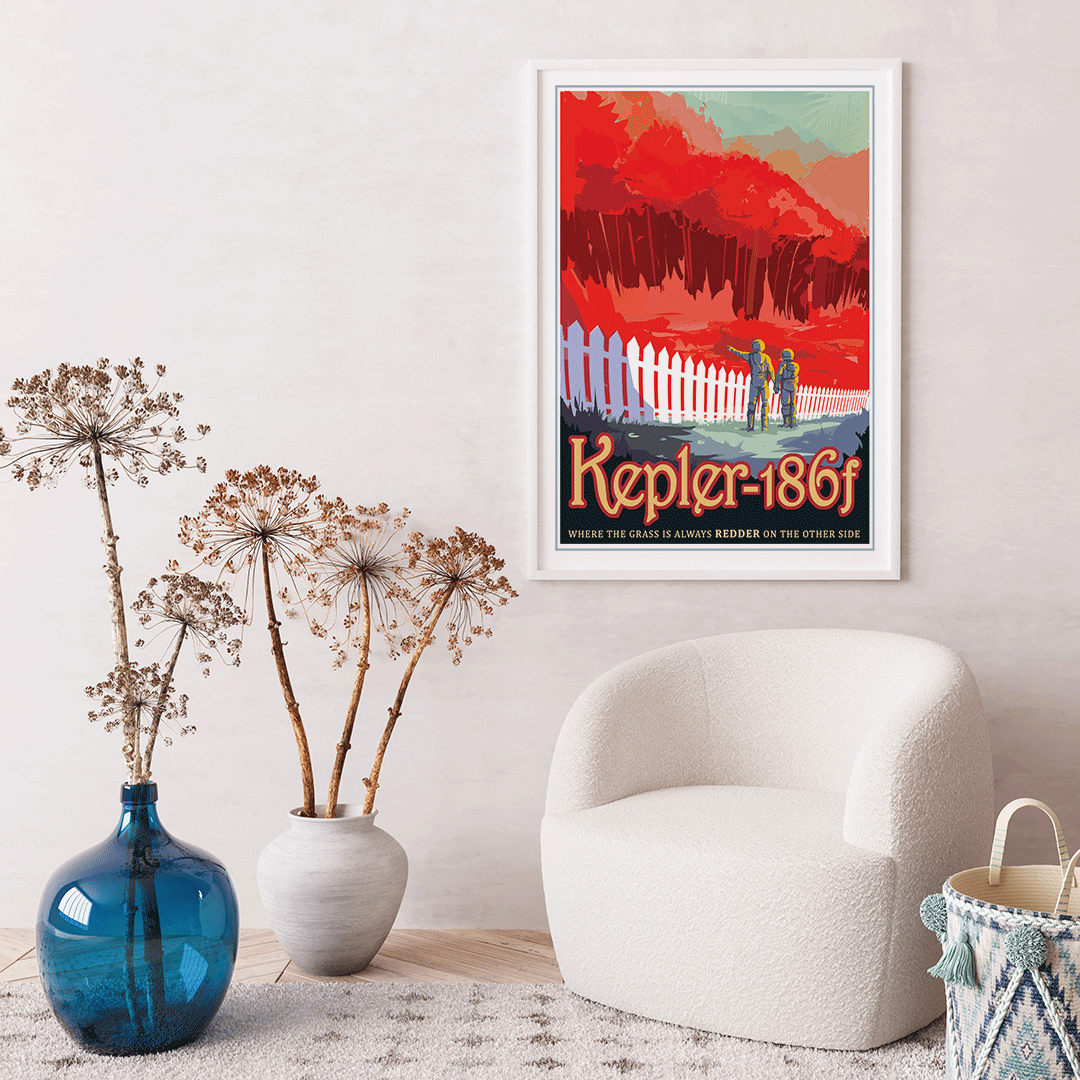 Two astronauts on Kepler-186f with red grass and trees NASA artwork poster wall decor, framed and displayed in home decor