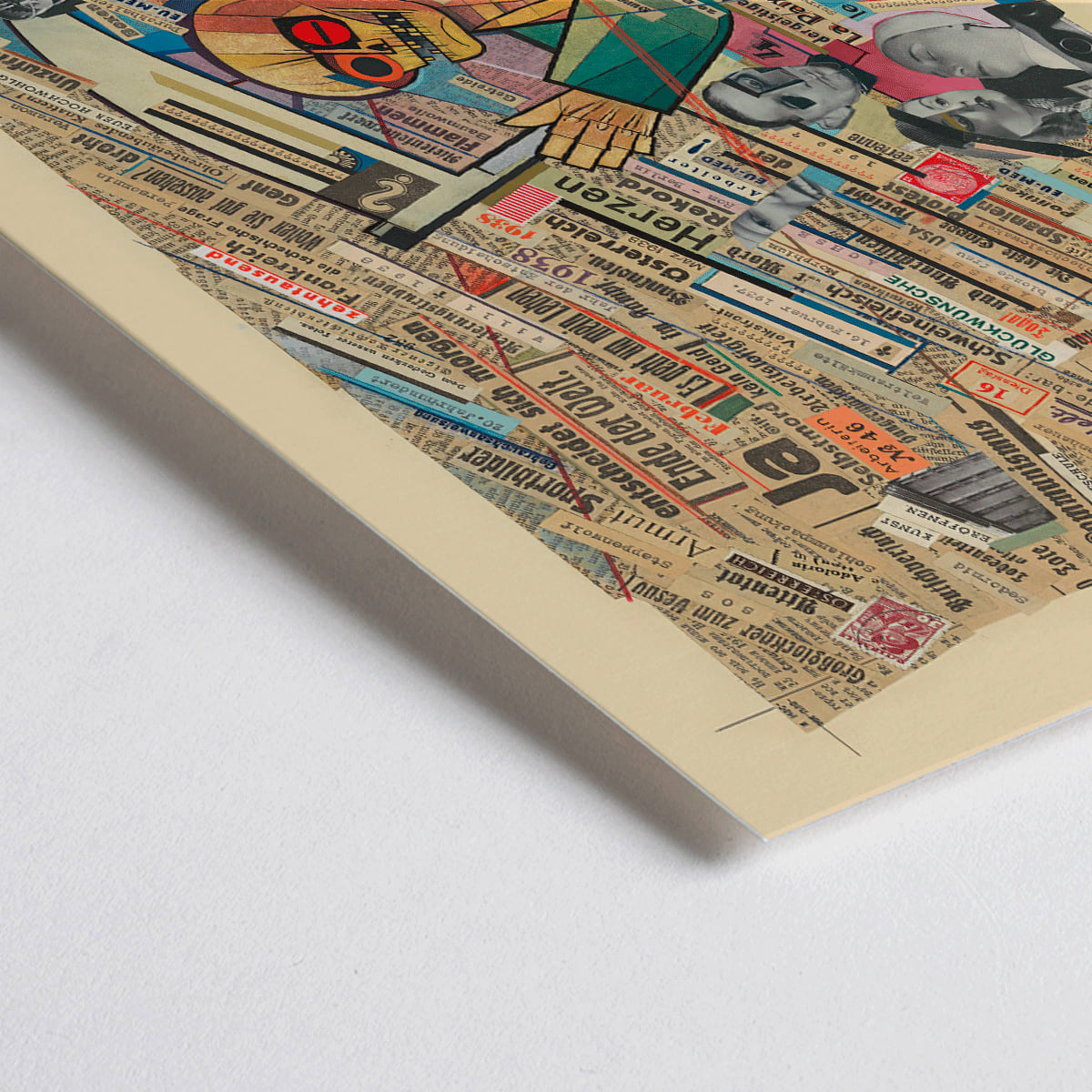 Closeup detail of Political collage with newspaper clippings geometric figure and skull by Karl Wiener titled Political collage poster