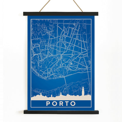 Minimalist blue map of Porto framed poster with white lines modern wall art, with wooden magnetic frame on white background